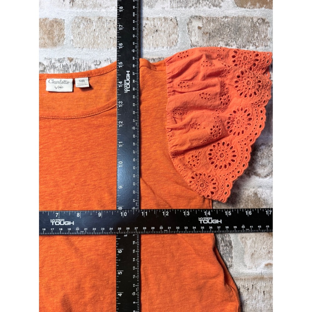 Charlotte by Cato Orange Linen Blend Eyelet Flutter Sleeve Tie Front Top S - Picture 4 of 5